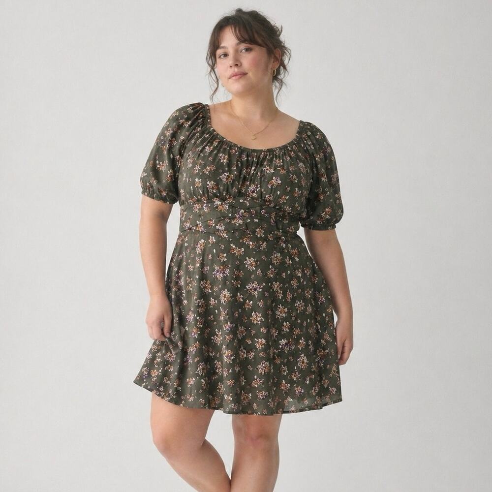 Arula Avella Olive Floral Puff Sleeve Tie Back Mini Dress XL Cottagecore